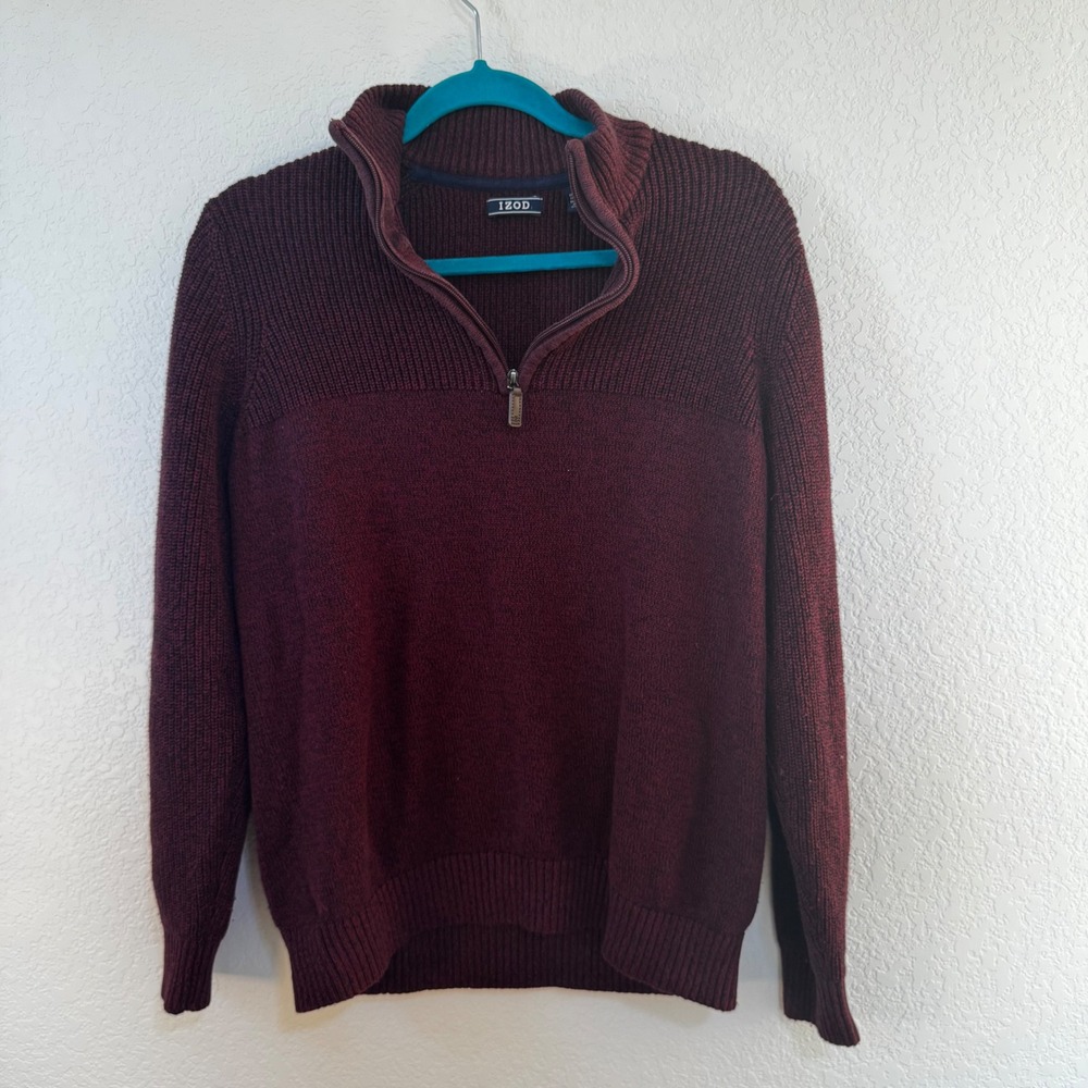 IZOD Men Burgundy Half Zip Ribbed Knit Sweater Size‎ Medium